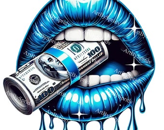 Glossy Blue Lips Biting 100 Dollar Bill Download PNG Clipart, Dripping Money Lips Digital Clip Art for T-Shirt Sublimation, Stickers, Design
