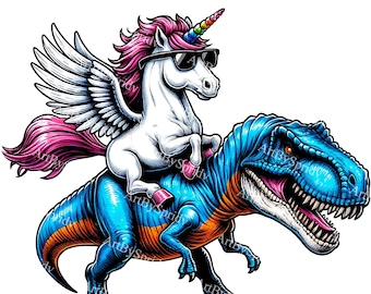 Rainbow Unicorn with Sunglasses Riding T-Rex Dinosaur Download PNG Clipart, Fun T-Shirts, Mugs Sublimation, Dino Kids Party Decoration