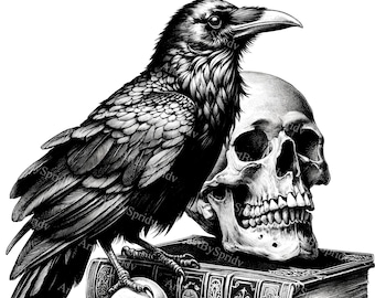 Raven on Skull & Antique Books Clipart - Gothic Dark Academia Transparent PNG - Digital Download Clip Art for Sublimation, DIY Crafts, Decor