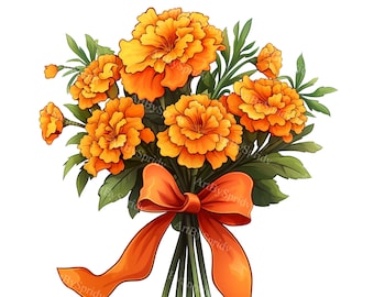 Peut inclure: Un bouquet de fleurs d'œillets d'Inde orange, liées ensemble avec un ruban orange vif.