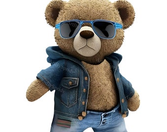 May include: A brown teddy bear wearing blue sunglasses, a denim jacket, and blue jeans. The bear has a brown nose and black eyes.