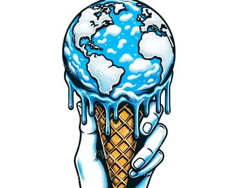 Melting Earth Ice Cream Cone Art | Eco-Conscious Digital PNG Clipart | Climate Change Awareness Printable Sublimation for T-Shirt,DIY Craft