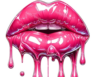 Glossy Dripping Lips Clipart - Vibrant Pink Lip Art PNG, Digital Download for Invitations, Beauty Bloggers & DIY Crafts,Drip Effect Graphics