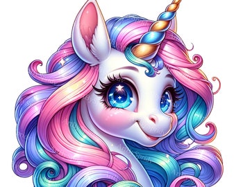 Colorful Unicorn Clipart - Large Blue Eyes, Sweet Smile - Digital PNG for T-Shirts, Mugs, Tumblers, Scrapbooking - Printable Sublimation Art