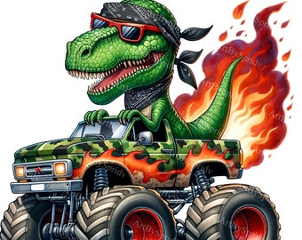 May include: A green dinosaur wearing a bandana and sunglasses drives a camouflage monster truck with flames on the side. The truck has large tires and is on a white background.