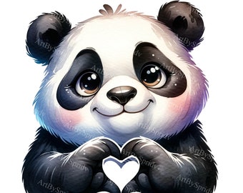 Watercolor Panda Heart Clipart - Cartoon Panda Digital PNG for DTG, T-Shirt, Mug,Tumbler,Scrapbooking-Love Theme Sublimation Design Clip Art