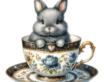 Adorable Bunny in Ornate Teacup Clipart - Watercolor Rabbit Digital PNG for Printable Sublimation DIY Crafts,Perfect for Invitations & Print