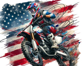 Patriotic Motocross Digital Clipart | USA American Flag Rider | Printable Sublimation PNG Clip Art | Dirt Bike Graphics | Sports DIY Craft
