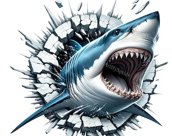 3D-effect realistische Shark Wall Break PNG, clipart voor DTG, T-shirts, mokken, bekers, sublimatie, scrapbooking - directe digitale download