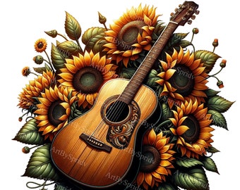 May include: A brown acoustic guitar with intricate inlays is surrounded by a bouquet of yellow sunflowers with green leaves.