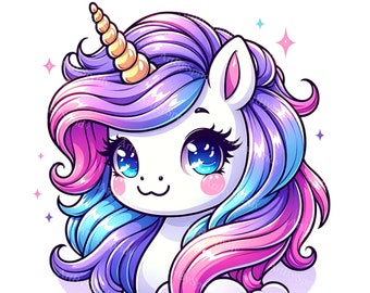 Colorful Unicorn Clipart - Large Blue Eyes, Sweet Smile - Digital PNG for T-Shirts, Mugs, Tumblers, Scrapbooking - Printable Sublimation Art