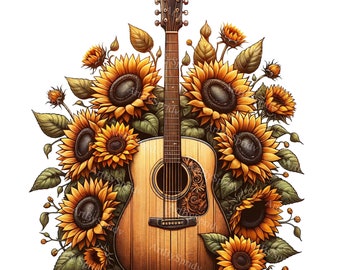 May include: A brown acoustic guitar with a floral design of sunflowers surrounding it. The guitar has a wooden body and a black pickguard.