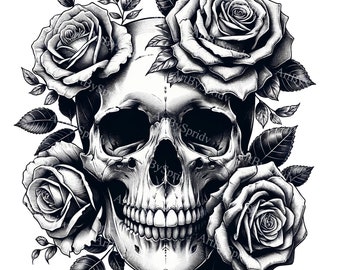 Digital Skull & Roses Clipart | Gothic Floral PNG Sublimation | Tattoo Style Transparent Graphics | Unique Printable Art for DIY Projects