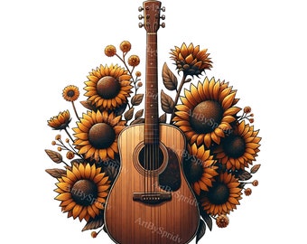 May include: A brown acoustic guitar with a sunflower design. The guitar is surrounded by sunflowers with yellow petals and brown centers.