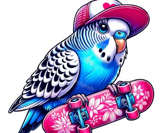 Vibrant Parakeet Parrot Clipart - Skateboarding Budgie Graphic - Digital Download for Sublimation&Print,Kids Decor,Apparel DIY Craft Design