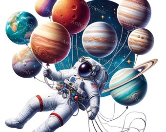 Clipart ballons astronautes et planètes - PNG numérique sur le thème de l'espace pour t-shirts, tasses, gobelets, scrapbooking - conception imprimable par sublimation