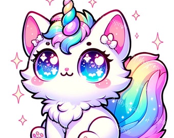 Clipart katje eenhoorn | Afdrukbare regenboog schattige digitale png | Sprankelende mythische kattensublimatieafbeeldingen | Downloaden DIY-ambachten en woondecoratie