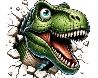 リアルな T-Rex 恐竜 3D 壁破壊錯覚 PNG、T シャツ、マグカップ、DTG