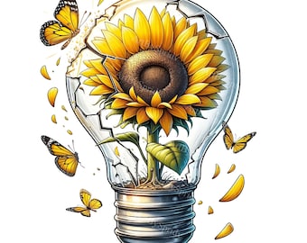 Sunflower in Light Bulb PNG Clipart with Butterfly - Digital Art for DTG, T-Shirt, Mug, Tumbler Sublimation & Scrapbooking - Unique Design