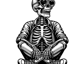 Edgy Skeleton Clipart with Heart Sunglasses - PNG for DTG T-Shirt, Mug, Tumbler Sublimation, Scrapbooking - Cool, Stylish Digital Design