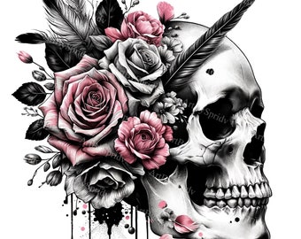 Skull & Roses Clipart PNG - Feather Adorned Skull Design for DTG T-Shirts, Mugs, Tumblers, Sublimation, Scrapbooking - Unique Digital Art