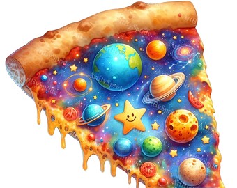 Space-Themed Pizza Clipart - Cartoon Galaxy, Planets & Stars PNG for DTG, T-Shirt, Mug, Tumbler, Sublimation, Scrapbooking-Digital Clip Art