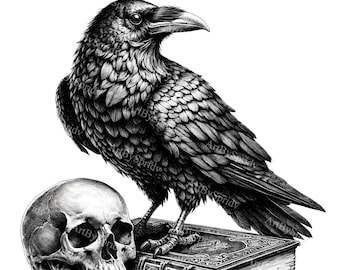 Raven on Skull & Antique Books Clipart - Gothic Dark Academia Transparent PNG - Digital Download Clip Art for Sublimation, DIY Crafts, Decor
