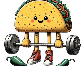 May include: A cartoon taco with a smiling face is lifting a barbell. The taco is wearing red sneakers and has green jalapeno peppers on either side of it.