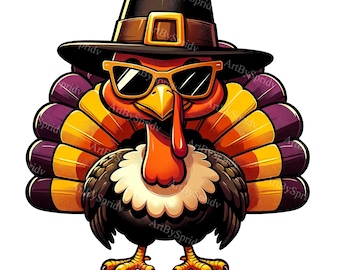 Thanksgiving Day Turkey Clipart - Cartoon Turkey with Sunglasses & Pilgrim Hat, Digital PNG for T-Shirts, Mugs, Tumblers -Sublimation Design