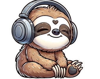 Adorable Sloth with Headphones Digital Clipart | Music Lover Cute Sloth Graphic for Sublimation & Printables | Perfect for DIY Crafts, Decor