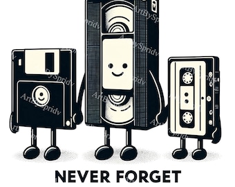 Vintage Tech Nostalgia Clipart - Retro Floppy Disk, VHS, Cassette Tape Art, Digital Download, Computer Geek Wall Decor, Office Art, DIY PNG