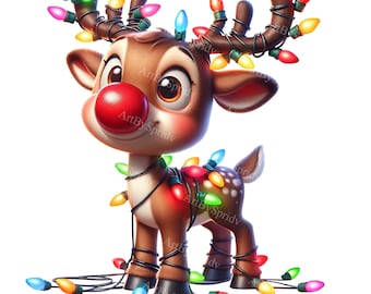 Reindeer Christmas Lights Clipart PNG - Playful Reindeer with Red Nose & Colorful Lights for T-Shirt, Mug, Tumbler, Scrapbooking Sublimation
