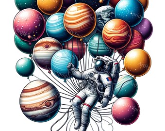 Clipart ballons astronautes et planètes - PNG numérique sur le thème de l'espace pour t-shirts, tasses, gobelets, scrapbooking - conception imprimable par sublimation