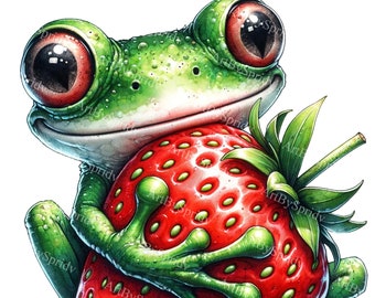 Adorable Cartoon Frog Clipart with Strawberry - Cute Froggy Digital Art, Printable Sublimation PNG, Kids Illustration Download for DIY Craft