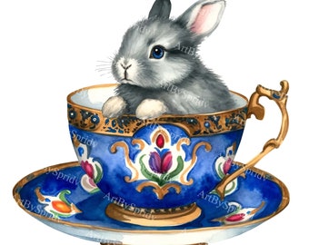 Adorable Bunny in Ornate Teacup Clipart - Watercolor Rabbit Digital PNG for Printable Sublimation DIY Crafts,Perfect for Invitations & Print