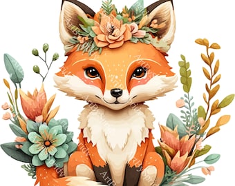 Lindo zorro del bosque PNG Clipart, Clip Art de animales del bosque transparente, Sublimación imprimible para niños/adultos, Uso comercial, Baby Shower, Camiseta