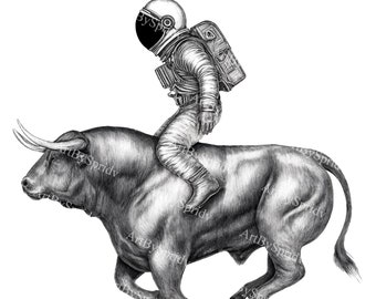 Astronaut Bull Ride Clipart | Space Cowboy Digital Clip Art | Unique Sci-Fi Animal Illustration for Download | Perfect for Posters&T-Shirts