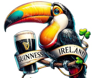 Clipart Ierse toekan met Guinness Beer - St. Patrick's Day transparante PNG, digitale download, decoratie pubthema, illustraties Ierland, DIY