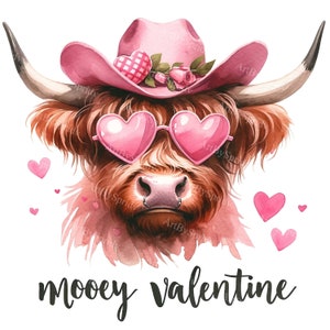 Valentine&#39;s Day Highland Cow Clipart - Watercolor Cowboy Hat & Heart Glasses - DTG, Mug, Tumbler Sublimation, Scrapbooking Digital Design