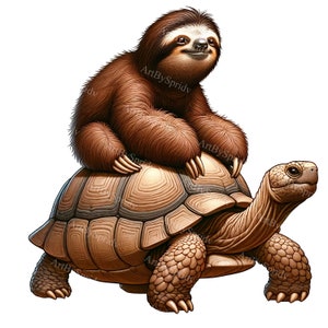 May include: A brown sloth sitting on the back of a brown tortoise. The sloth has its claws dug into the tortoise's shell. The tortoise is walking forward with its head held high.