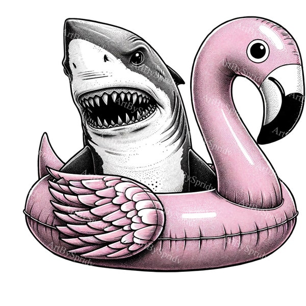 Shark in Flamingo Float Clipart: Fearsome Shark Digital PNG, Pink Flamingo Pool Float Clip Art, T-shirt/Mug/Tumbler Sublimation,Scrapbooking