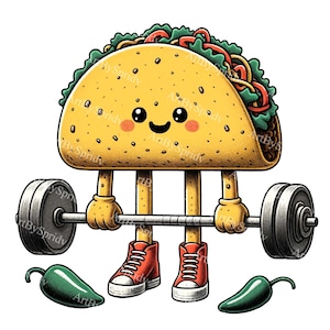 Lächelnde Taco Clipart Heben von Gewichten PNG | Lustiges Gym druckbares Sublimationsdesign | Digitaler Download | Taco Charakter für T-Shirts & Tassen