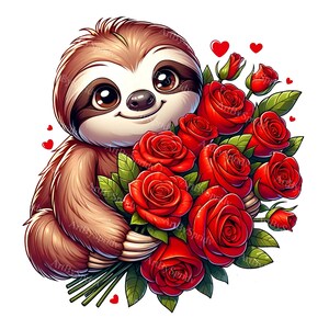 Sloth with Red Roses Clipart - Valentine's Day Digital PNG, Perfect for DTG, T-Shirts, Mugs, Tumblers, Scrapbooking - Romantic Gift Idea
