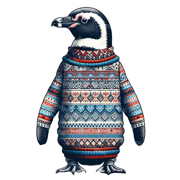 Penguin in Knitted Sweater Clipart - High-Quality Transparent PNG for Scrapbooking, Sublimation, Holiday Invitations and Winter Home Decor