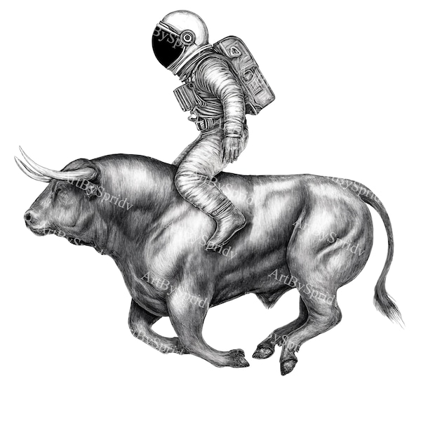 Astronaut Bull Ride Clipart | Space Cowboy Digital Clip Art | Unique Sci-Fi Animal Illustration for Download | Perfect for Posters&T-Shirts