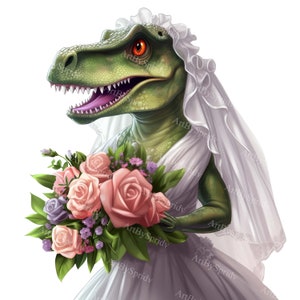 Dinosaurio T-rex con vestido de novia, velo y ramo de flores. Imágenes prediseñadas PNG transparentes. Imágenes prediseñadas de sublimación para camisetas, tazas y vasos. Imágenes prediseñadas comerciales para imprimir.
