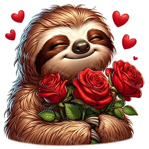 Sloth with Red Roses Clipart - Valentine's Day Digital PNG, Perfect for DTG, T-Shirts, Mugs, Tumblers, Scrapbooking - Romantic Gift Idea