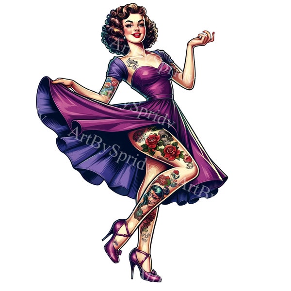 Vintage Pin-Up Girl Clipart with Tattoos | Digital Download Sublimation PNG | Printable Retro Clip Art for T-Shirts, Mugs, and DIY Crafts