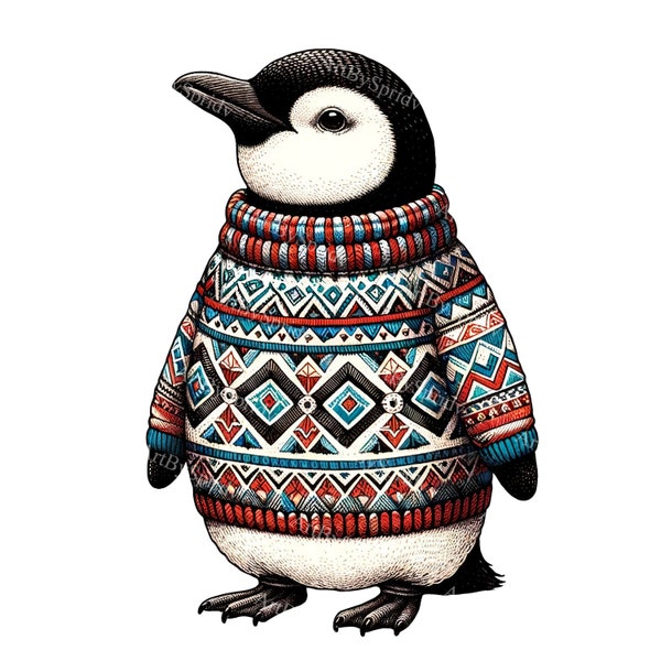 Penguin in Knitted Sweater Clipart - High-Quality Transparent PNG for Scrapbooking, Sublimation, Holiday Invitations and Winter Home Decor