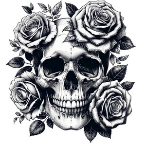 Könnte beinhalten: Eine Schwarzweißillustration eines menschlichen Schädels, der von Rosen umgeben ist. Der Schädel ist detailliert mit Zähnen und Augenhöhlen. Die Rosen sind in voller Blüte und haben ein detailliertes Design.